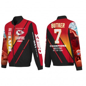 Harrison Butker Kansas City Chiefs Red Super Bowl LVII Champions Logo Full Zip Nylon Bomber Jacket
