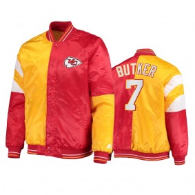 Kansas City Chiefs Harrison Butker Red Yellow Split Leader Varsity Jacket