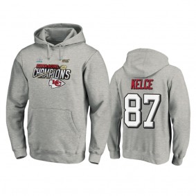 Kansas City Chiefs Travis Kelce Heather Gray Super Bowl LIV Champions Trophy Collection Locker Room Pullover Hoodie