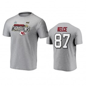 Kansas City Chiefs Travis Kelce Heather Gray Super Bowl LIV Champions Trophy Collection Locker Room T-Shirt