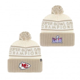 Men's Kansas City Chiefs Natural Super Bowl LVIII Champions Type Cuffed Pom Knit Hat