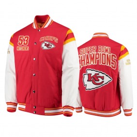 Chiefs #53 Anthony Hitchens Red Team Cotton Canvas Varsity Super Bowl Champions Jacket - Men's