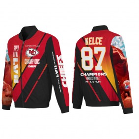 Travis Kelce Kansas City Chiefs Red Super Bowl LVII Champions Logo Full Zip Nylon Bomber Jacket