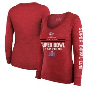Women's Kansas City Chiefs Red Super Bowl LVIII Champions Goal Line Stand Scoop Neck Tri-Blend Long Sleeve T-Shirt